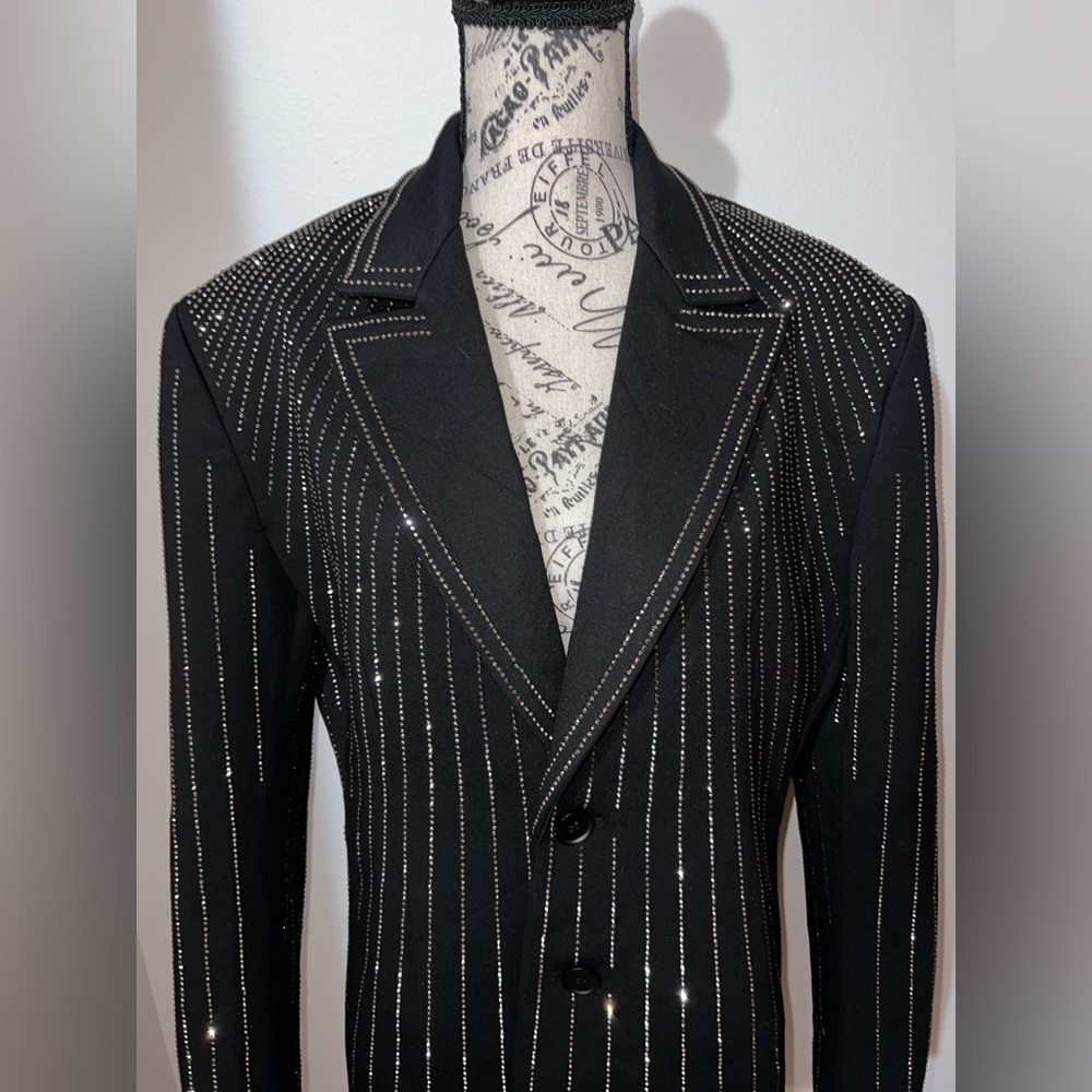 Designer Rhinestone Sequin Embellished Black Rockstar Blazer Medium - Picture 5 of 15